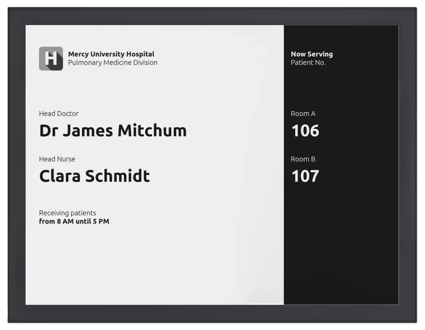 A Joan 13 Pro ePaper display showing a hospital department directory