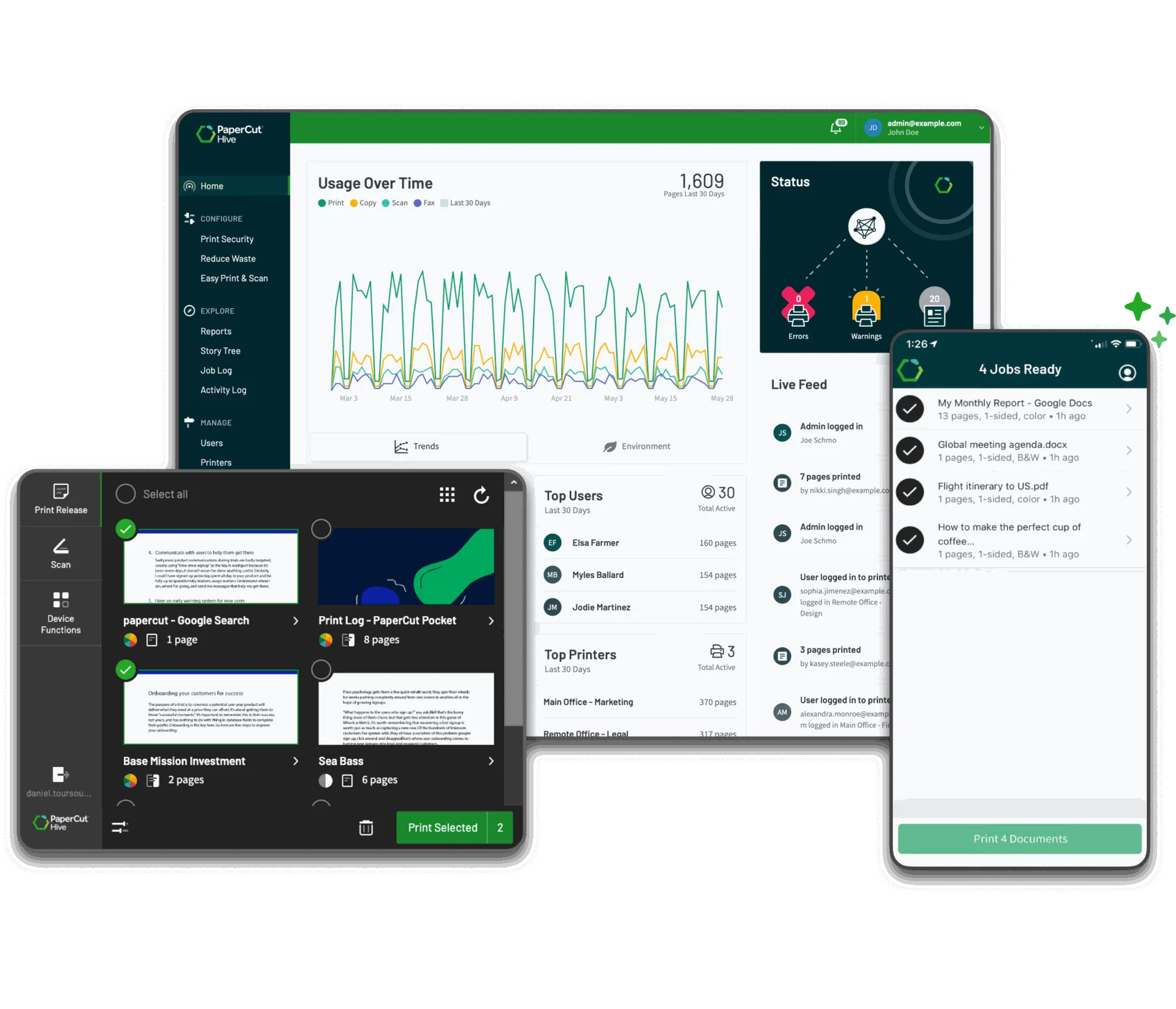 The PaperCut Hive admin console on a tablet, desktop and mobile phone