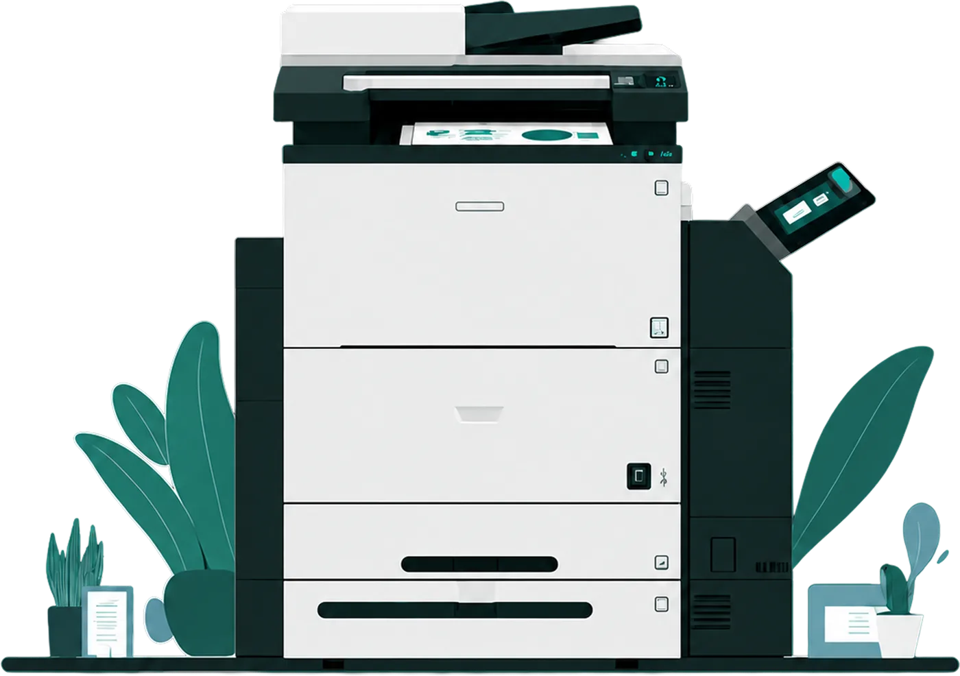 An illustrated multifunction device printing a page, plants either side of it