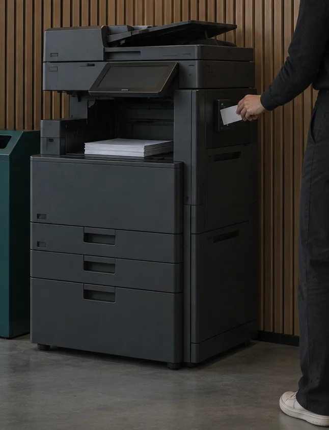 A person holding an access card at the card reader of a multifunction device, a printed stack in the output tray