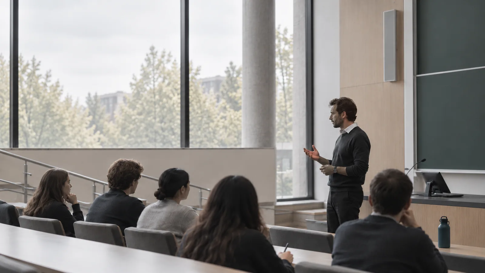 A lecturer speaking to students in a university lecture hall, a document camera and screen on the bench beside him