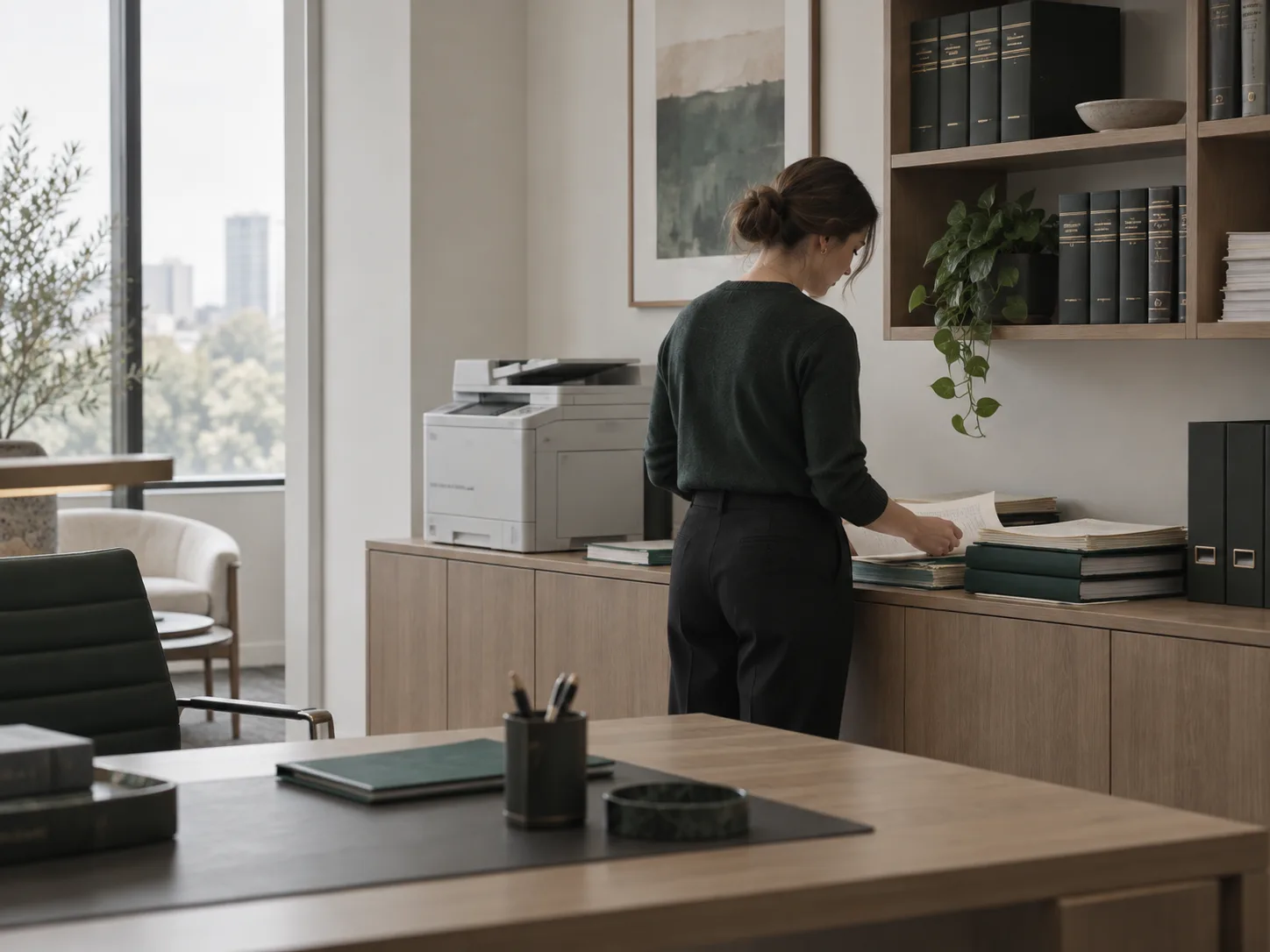 A woman collecting printed documents from a multifunction device on a credenza in a law office